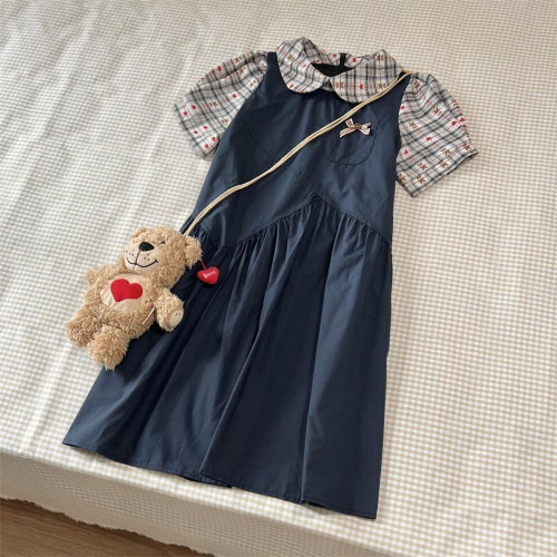 女童甜美學院寬松假兩件小裙子中大童夏季新款格紋拼接娃娃連衣裙
