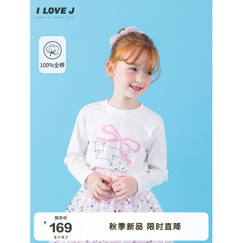 ILOVEJ韓國童裝2025秋季新款女童小貓蝴蝶結純棉長袖T恤/JXFTO04