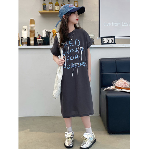女童夏季連衣裙2025新款兒童字母短袖T恤裙中大童休閒中長款裙子