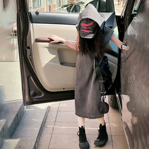 韓國女童牛仔連衣裙夏裝2025大童裝時髦又酷又颯兒童夏季裙子網紅