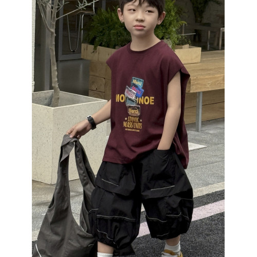 男童無袖短袖夏季2025新款痞帥兒童背心薄款中大童夏裝男孩T恤潮