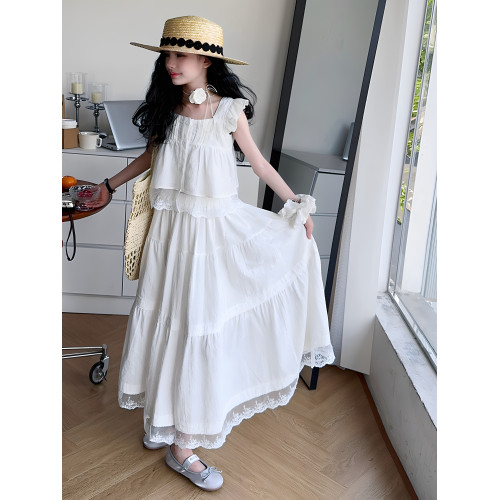 女童白色裙子夏天薄款大兒童高級感長裙套裝女孩超好看海邊度假裙