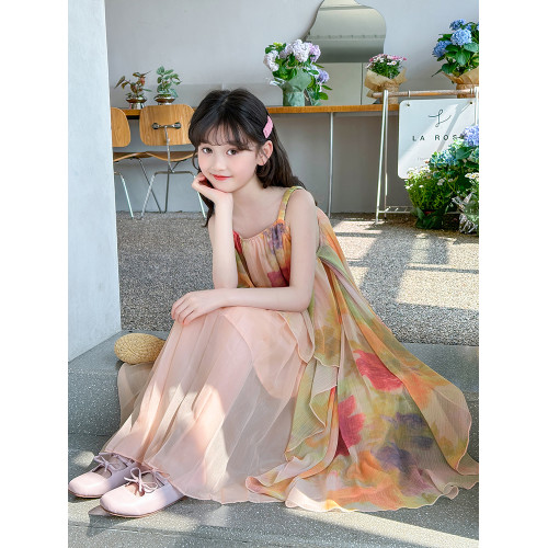 女童夏季連衣裙2025夏款新款時髦兒童洋氣拼接碎花吊帶裙雪紡裙子