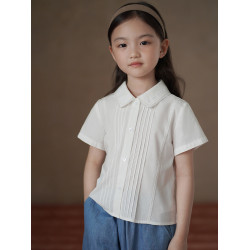 哈齒童裝夏季文藝風白襯衫兒童短袖上衣女童夏裝新款花邊襯衣女孩