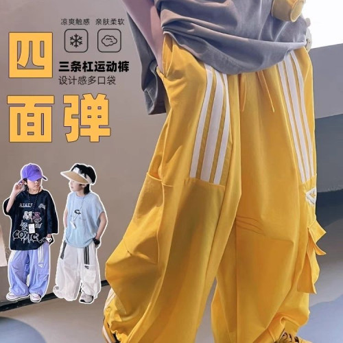 巴啦新品男童褲子美式工裝褲兒童夏季設計多口袋直筒褲中大童寬松
