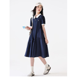 女童連衣裙夏季2025新款學院風Polo領中學生大童女裝夏天寬松裙子