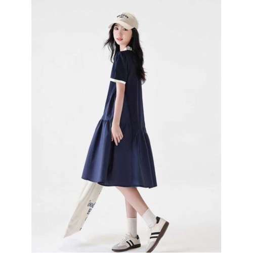 女童連衣裙夏季2025新款學院風Polo領中學生大童女裝夏天寬松裙子