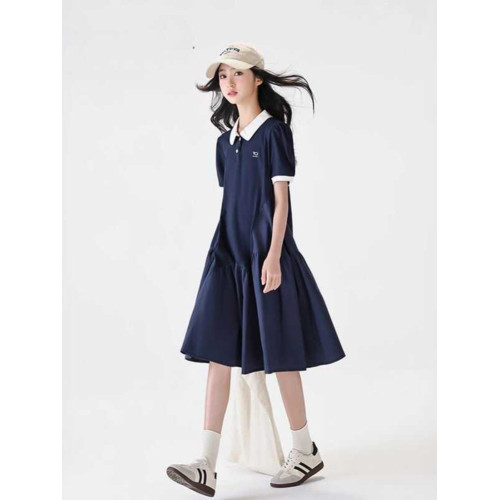 女童連衣裙夏季2025新款學院風Polo領中學生大童女裝夏天寬松裙子