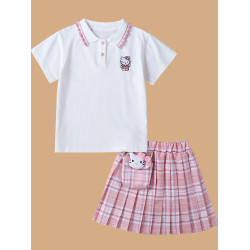 女童連衣裙jk套裝製服夏季兒童正版KT貓格子裙兩件套小學生百褶裙