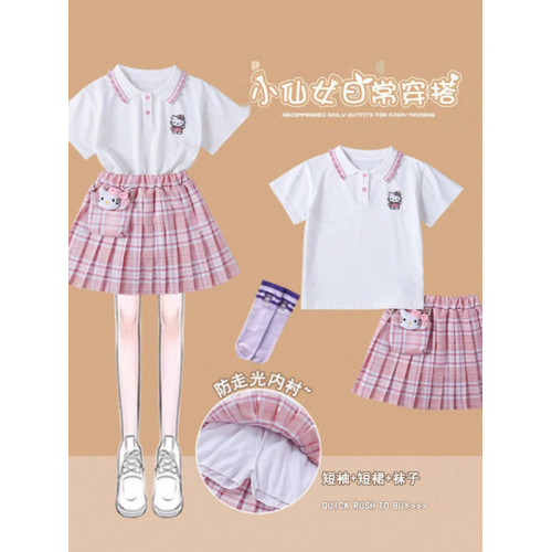 女童連衣裙jk套裝製服夏季兒童正版KT貓格子裙兩件套小學生百褶裙