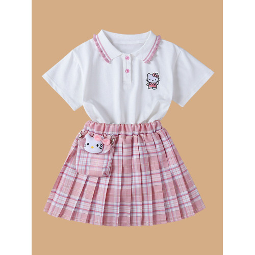 女童連衣裙jk套裝製服夏季兒童正版KT貓格子裙兩件套小學生百褶裙