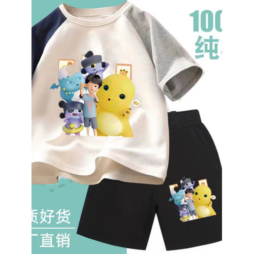 安哼安哼新款純棉男童套裝夏季小七奶龍大作戰短袖中小童兒童卡通