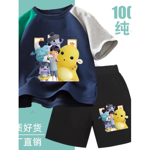 安哼安哼新款純棉男童套裝夏季小七奶龍大作戰短袖中小童兒童卡通