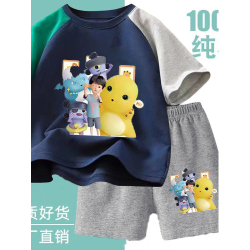 安哼安哼新款純棉男童套裝夏季小七奶龍大作戰短袖中小童兒童卡通