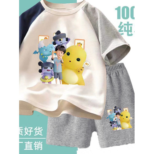 安哼安哼新款純棉男童套裝夏季小七奶龍大作戰短袖中小童兒童卡通