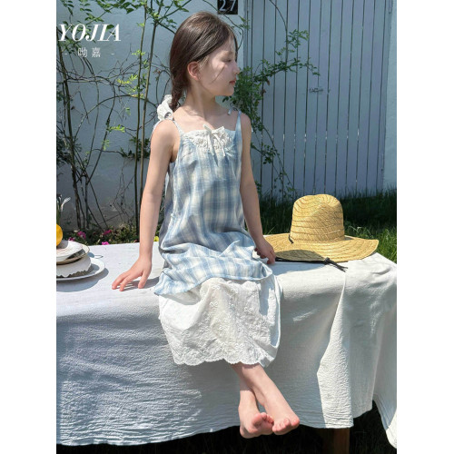 女童藍色格子連衣裙夏季新款洋氣公主裙假兩件拼接吊帶裙兒童裙子