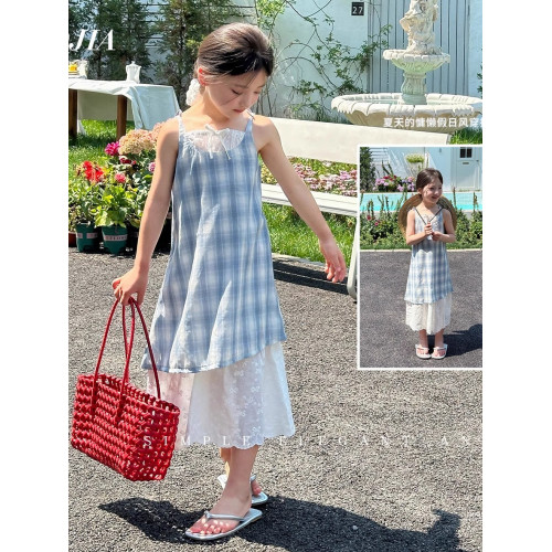 女童藍色格子連衣裙夏季新款洋氣公主裙假兩件拼接吊帶裙兒童裙子