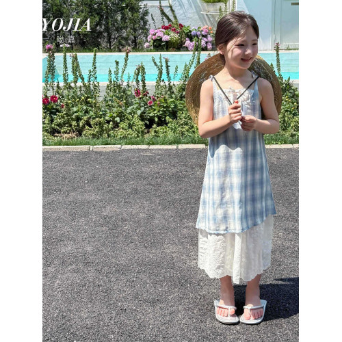 女童藍色格子連衣裙夏季新款洋氣公主裙假兩件拼接吊帶裙兒童裙子
