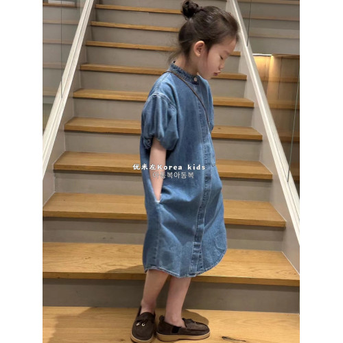 波拉bora韓國童裝女童牛仔襯衫連衣裙2025新款女孩氣質夏裝裙子