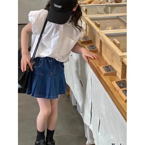 波拉韓童裝女童白色泡泡袖襯衫2025夏裝兒童短袖襯衣中大童上衣潮
