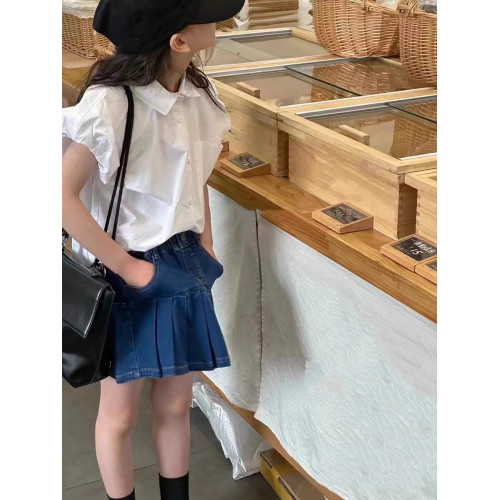 波拉韓童裝女童白色泡泡袖襯衫2025夏裝兒童短袖襯衣中大童上衣潮