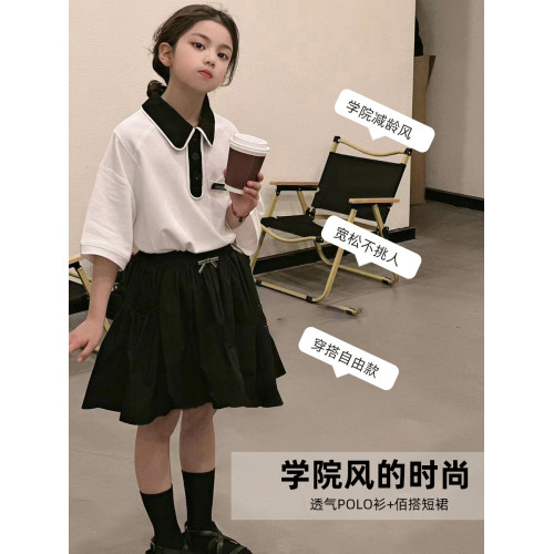 波拉韓童裝女童polo衫2025夏裝兒童短袖T恤小女孩短裙學院風套裝