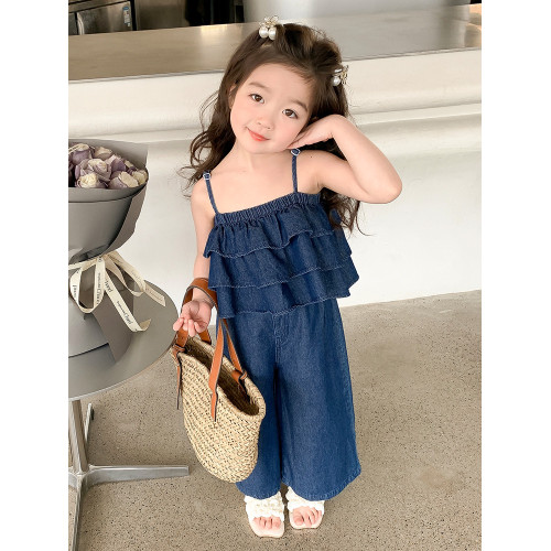 女童套裝夏季洋氣2025新款女寶寶夏裝時髦夏吊帶濶腿褲牛仔兒童裝
