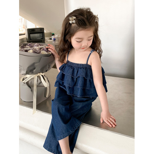 女童套裝夏季洋氣2025新款女寶寶夏裝時髦夏吊帶濶腿褲牛仔兒童裝