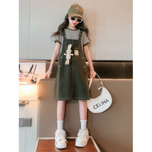 女童背帶裙夏季套裝2025新款兒童夏裝洋氣連衣裙大童短袖公主裙子