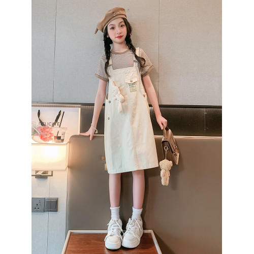 女童背帶裙夏季套裝2025新款兒童夏裝洋氣連衣裙大童短袖公主裙子