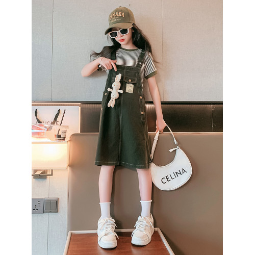 女童背帶裙夏季套裝2025新款兒童夏裝洋氣連衣裙大童短袖公主裙子