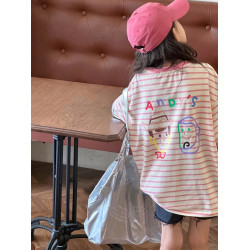 波拉韓童裝女孩短袖2025夏裝女童條紋t恤兒童洋氣上衣中大童T恤