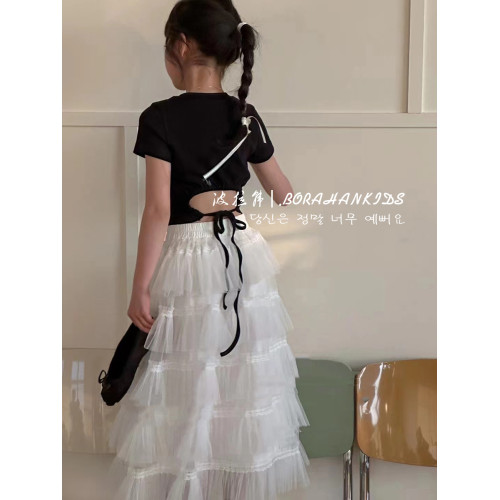 波拉韓童裝女童修身短袖夏季2025小女孩露背純色T恤兒童短款上衣