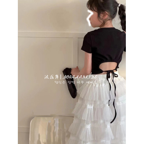 波拉韓童裝女童修身短袖夏季2025小女孩露背純色T恤兒童短款上衣