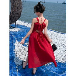 女童海邊度假沙灘裙夏裝2025新款兒童吊帶連衣裙女大童紅色長裙子