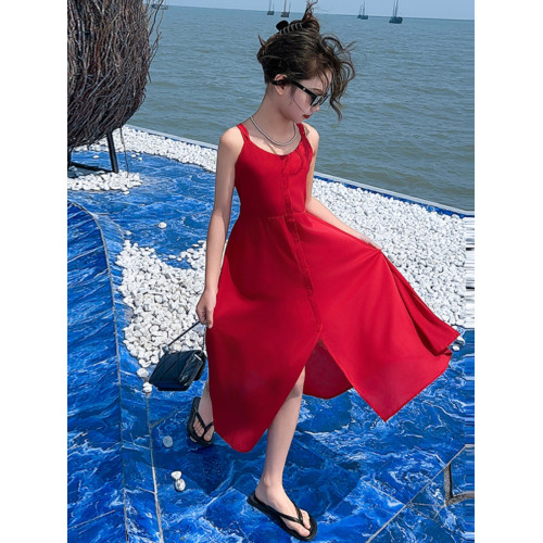 女童海邊度假沙灘裙夏裝2025新款兒童吊帶連衣裙女大童紅色長裙子