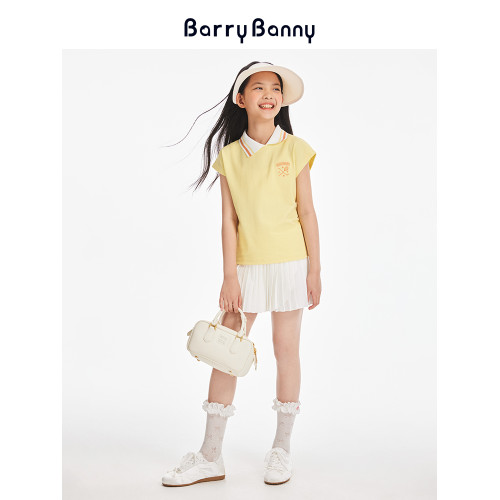BarryBanny女童運動polo衫夏季新款兒童翻領純色簡約短袖T恤上衣