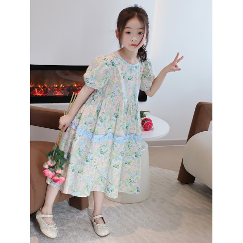 泡泡袖女童連衣裙2025新款洋氣兒童裙子夏季小女孩純棉碎花公主裙