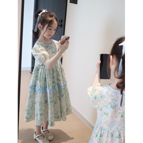 泡泡袖女童連衣裙2025新款洋氣兒童裙子夏季小女孩純棉碎花公主裙
