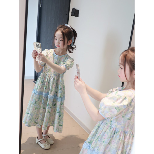 泡泡袖女童連衣裙2025新款洋氣兒童裙子夏季小女孩純棉碎花公主裙