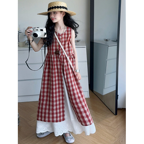 女童夏季連衣裙2025新款女孩復古紅格子大童長裙兒童多巴胺曡穿裙
