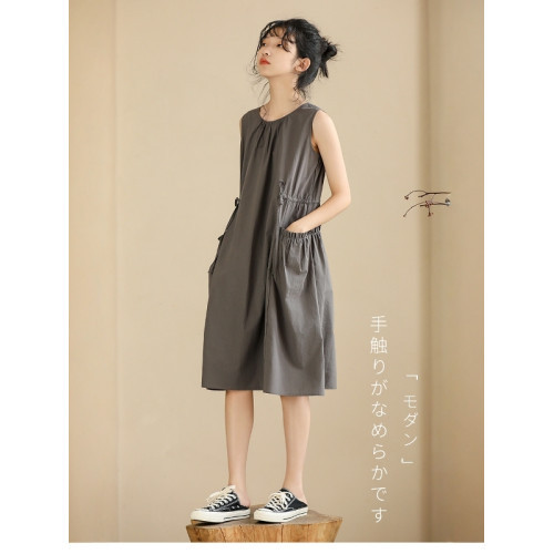 純棉夏季女童連衣裙2025新款中大童慵懶裙子無袖背心裙法式口袋裙