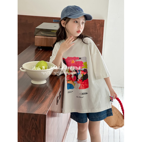 波拉韓女童短袖新款t恤2025夏季中大童純棉上衣兒童夏裝寬松半袖t