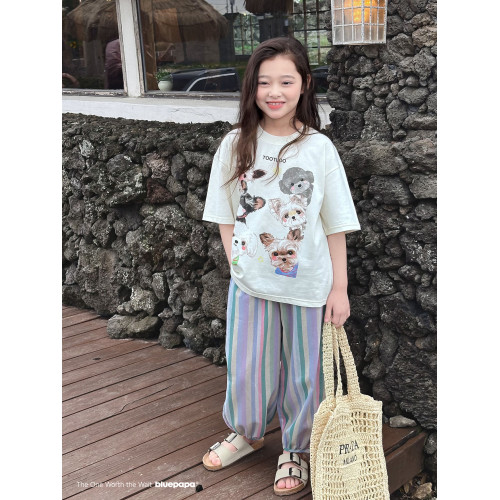 【多彩條】藍小爸童裝女童條紋束腳褲夏季新款兒童休閒彩色長褲