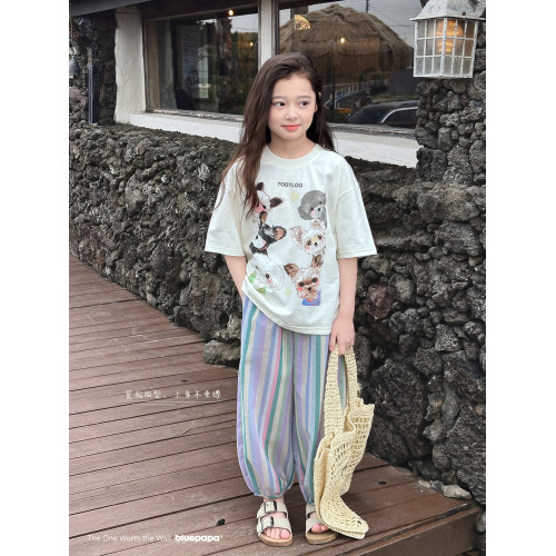 【多彩條】藍小爸童裝女童條紋束腳褲夏季新款兒童休閒彩色長褲