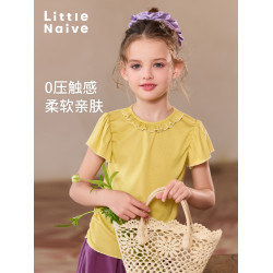 Little Naive兒童甜美t恤夏季新款木耳邊圓領上衣女童萊賽爾短袖