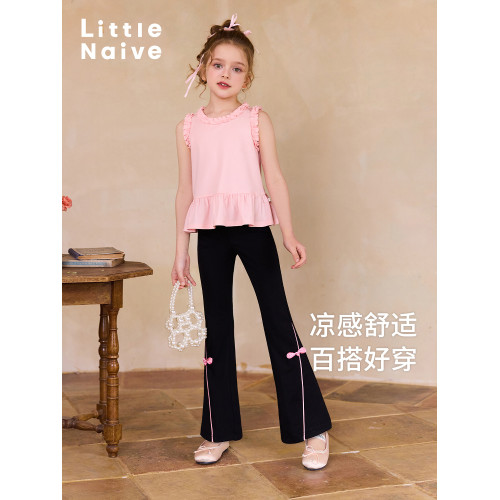 Little Naive兒童圓領t恤夏季新款木耳邊涼感上衣女童荷葉邊背心