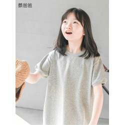 蔡爸爸童裝 2025款夏裝文藝t恤裙女童青少年淺灰色圓領連衣裙539