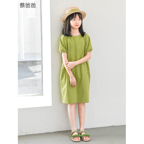 蔡爸爸童裝 2025款夏裝文藝t恤裙女童青少年淺灰色圓領連衣裙539