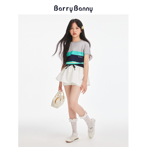 BarryBanny女童冰絲條紋撞色短袖T恤夏季新款中大童抗皺透氣上衣